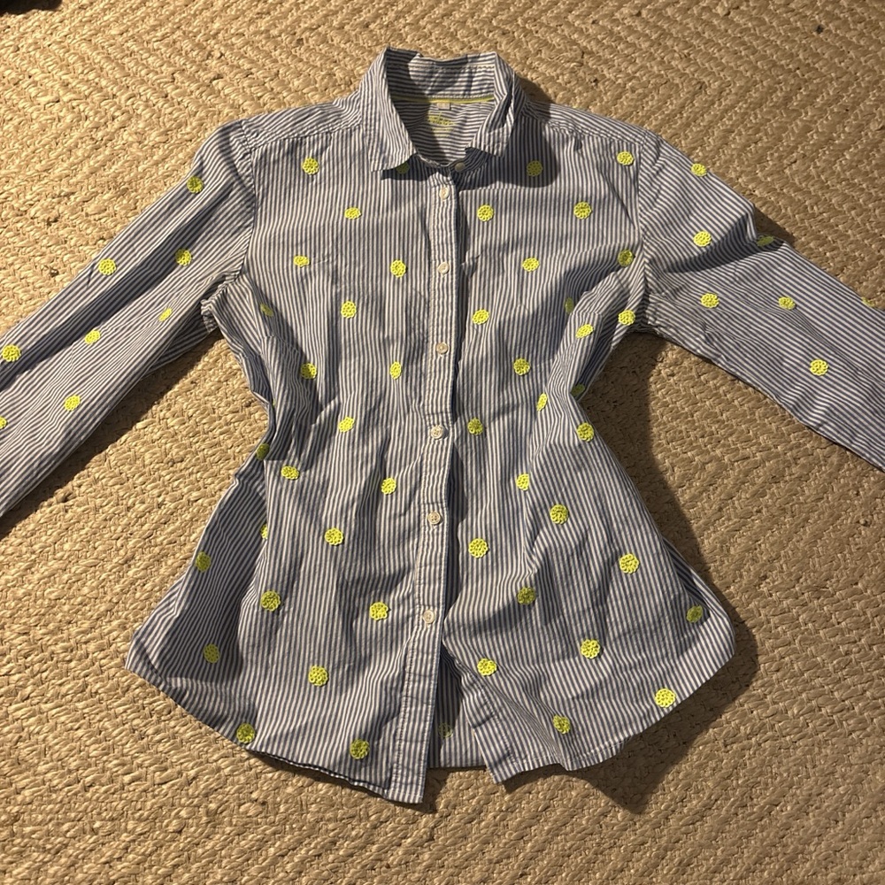 Boden women’s Blue Striped Shirt with Yellow Dots